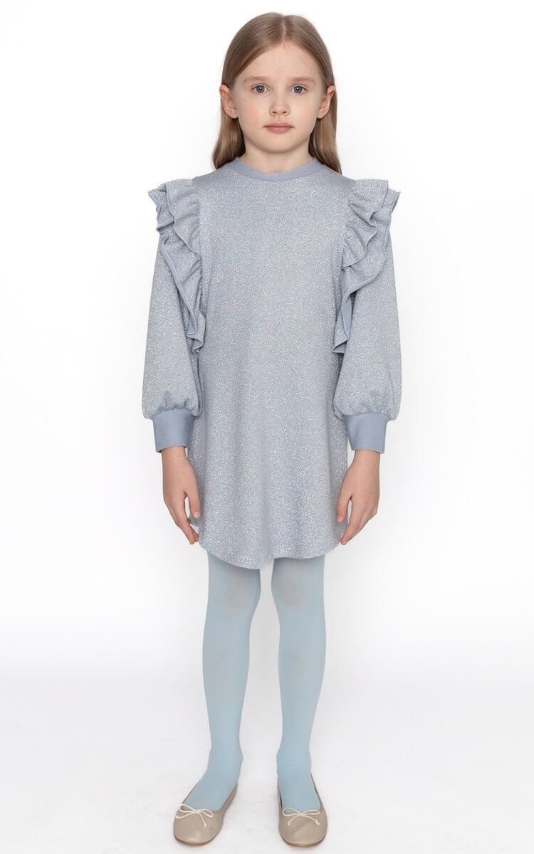 Girl's Sparkly Knit Dress with Balloon Sleeves – Silver - Sheshe - by Peralane