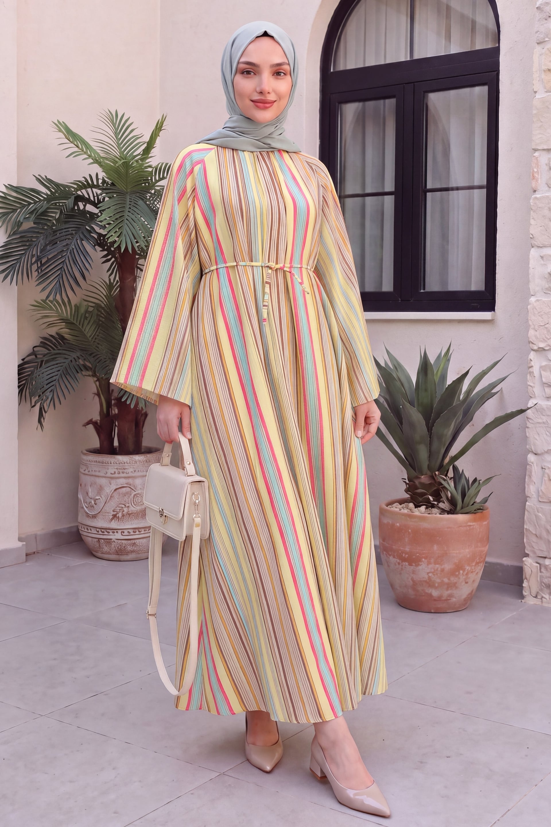 Yellow Striped High Neck Belted Poliviscose Dress - Podyumplus - by Peralane