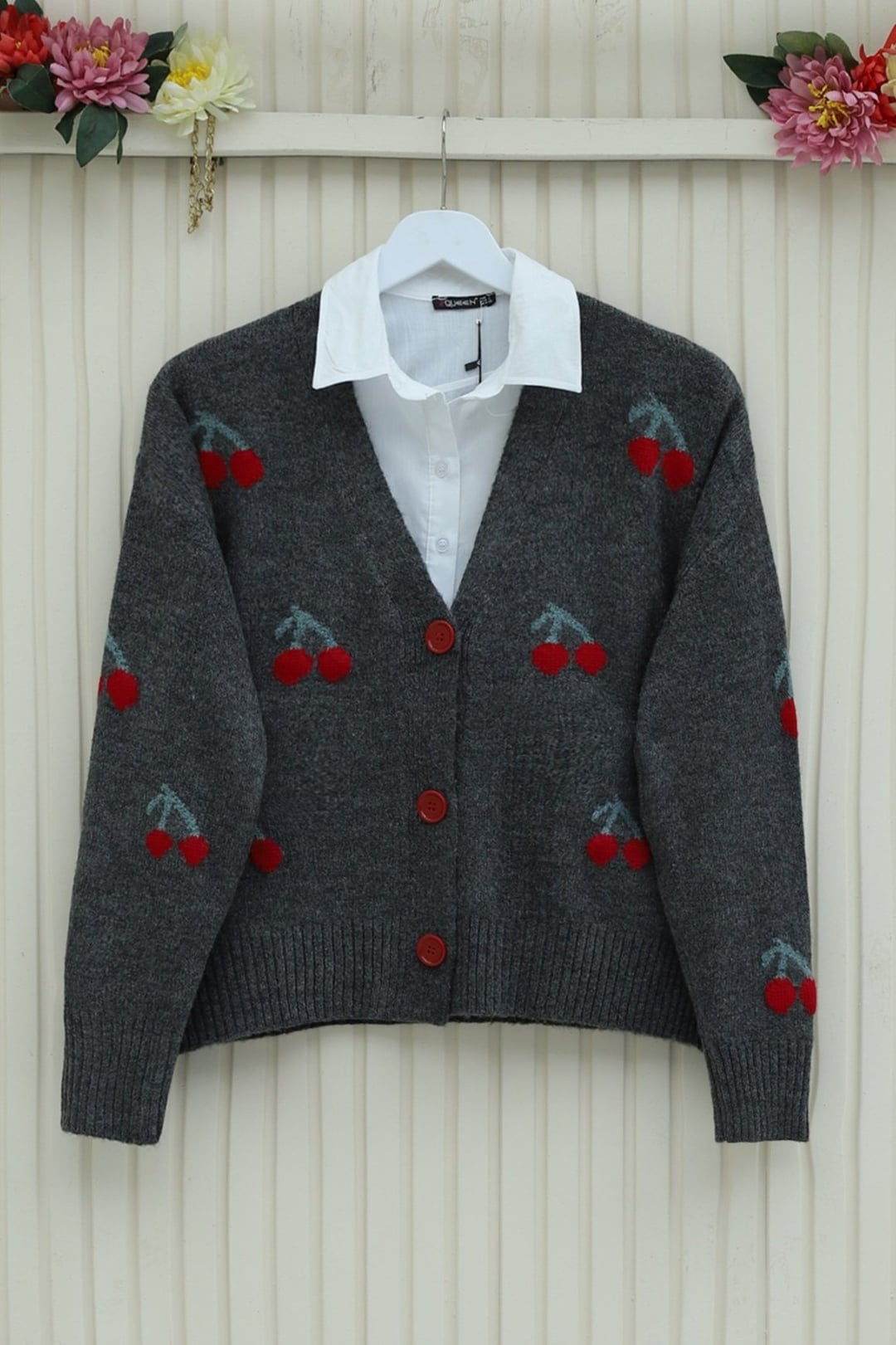 Cherry Print V-Neck Button Cardigan - Smoke - Podyumplus - by Peralane