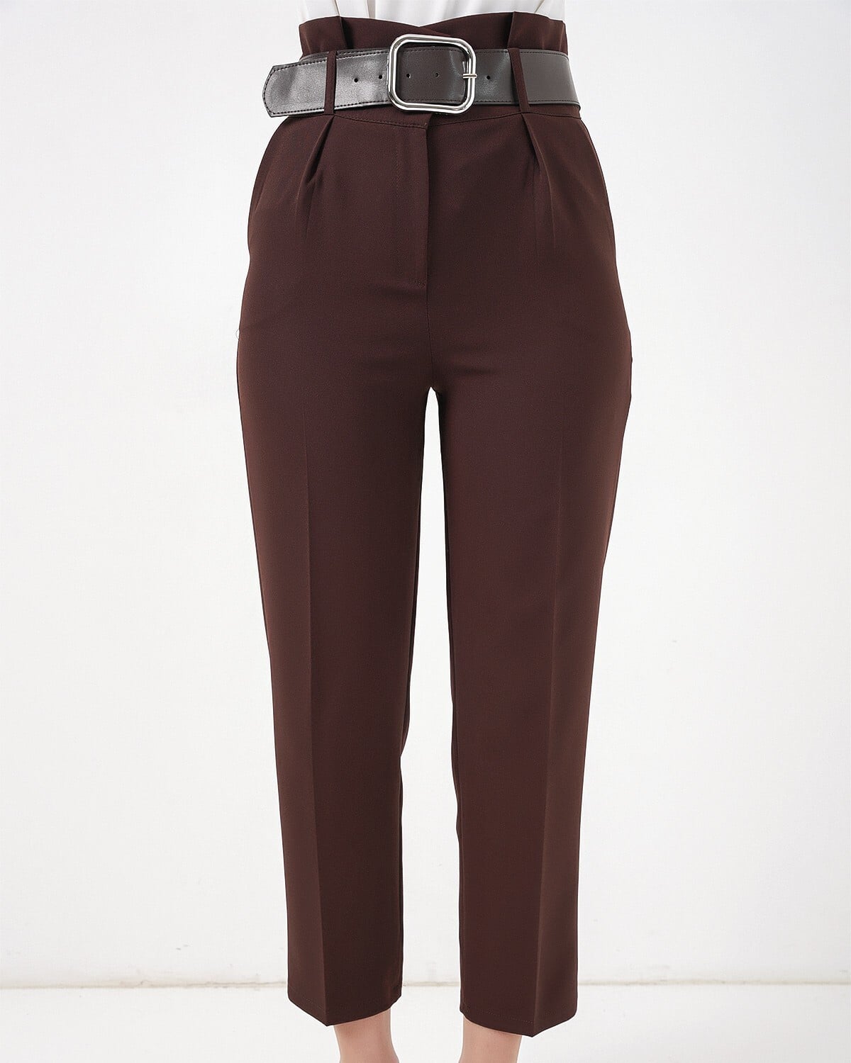 Belted Fabric Trousers with Pleated High Waist - Dark Brown - Wholeskop - by Peralane - photo 6