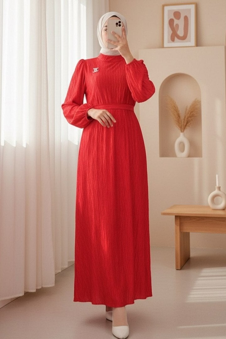 Belted Pleated Satin Dress - Red - Podyumplus - by Peralane