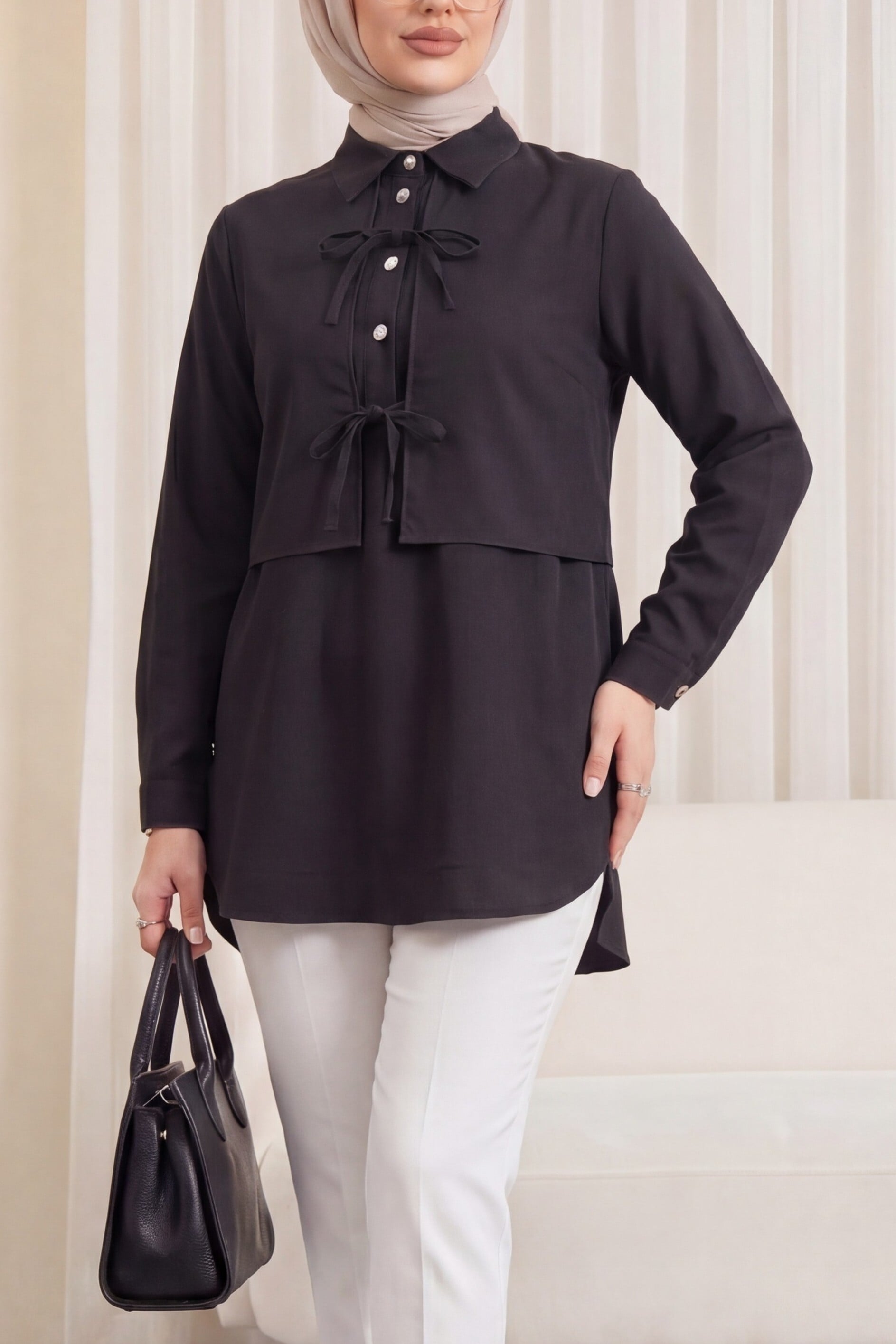 Women's Black Long-Sleeved Blouse with Vest Detail and Back Lace-Up (Size 36-40) - Podyumplus - by Peralane