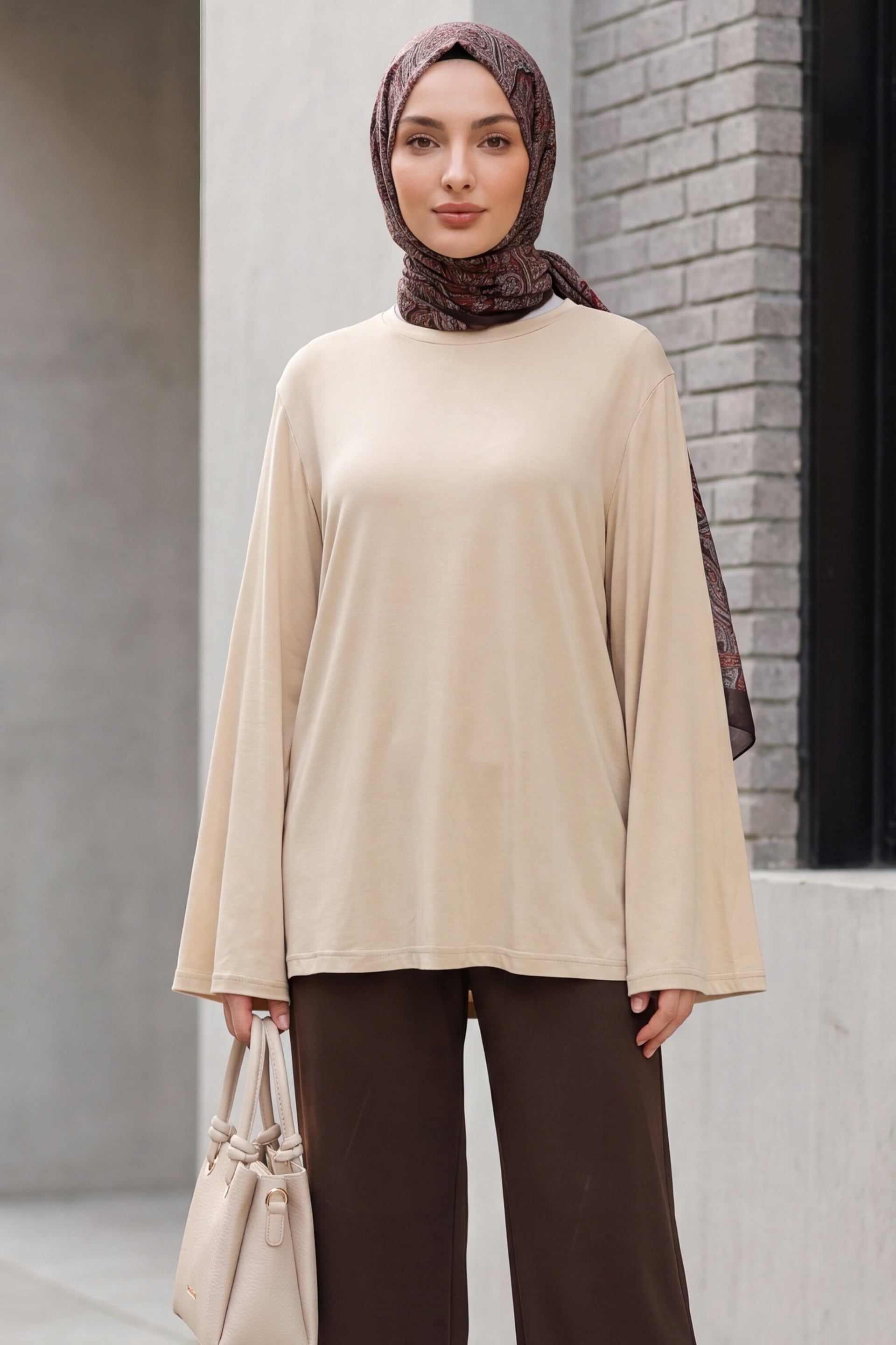 Crew Neck Spanish Sleeve Padded Shoulder Undershirt Blouse - Beige - Podyumplus - by Peralane
