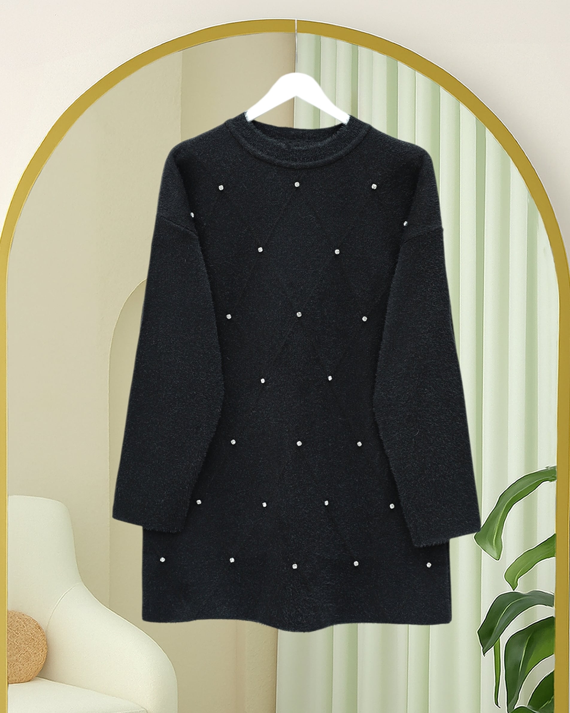 Stone Detail Diamond Pattern Fringed Knit Tunic - Black - Podyumplus - by Peralane - photo 3