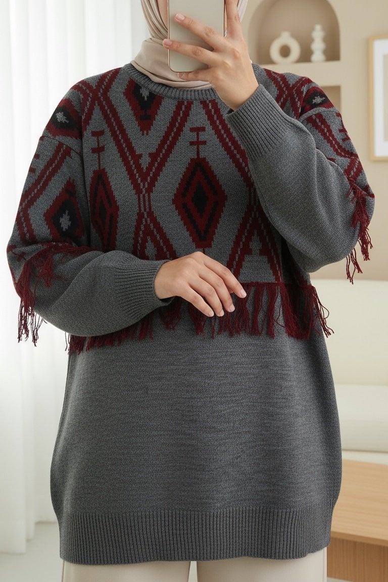 Fringed Pixel Pattern Knit Set - Smoke - Podyumplus - by Peralane