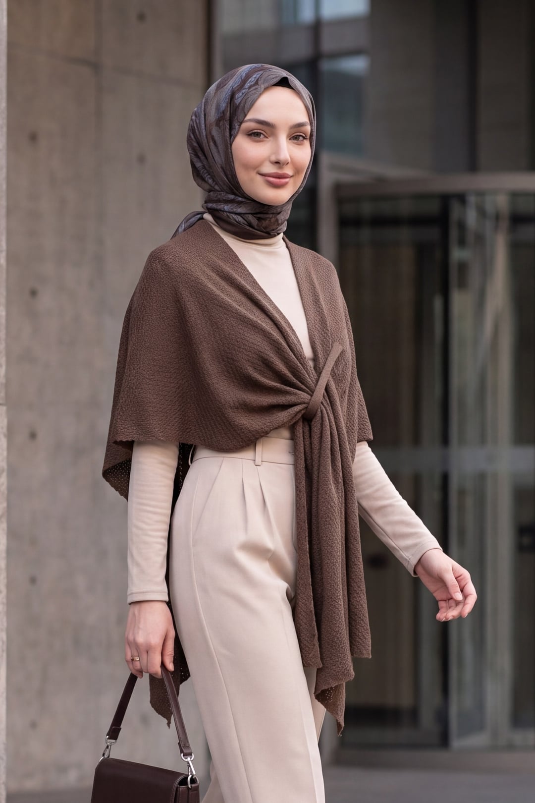 Relaxed Fit Daily Knit Poncho - Light Brown - Podyumplus - by Peralane - photo 2