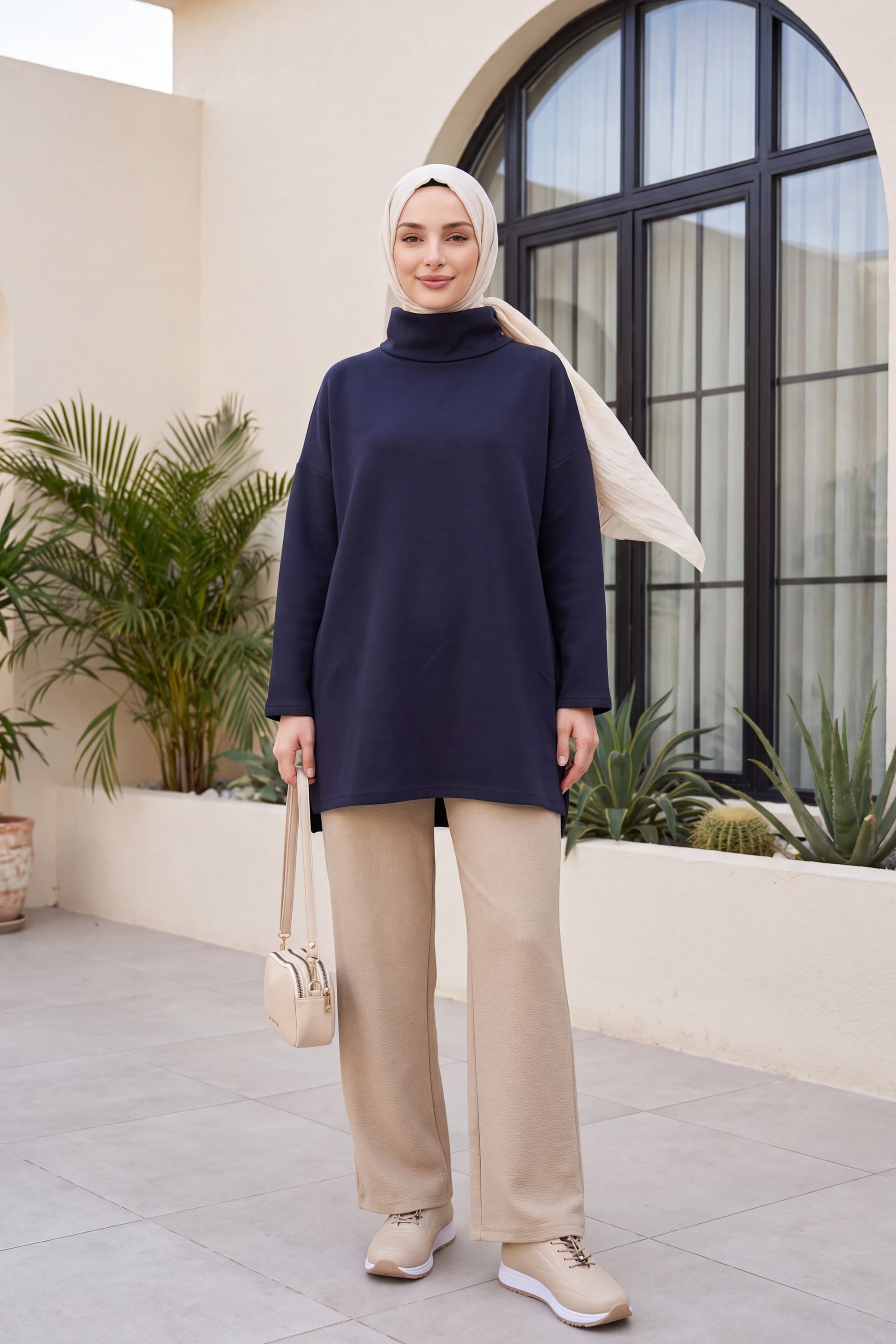 Navy Blue High Neck Side Slit Lounge Tunic - Podyumplus - by Peralane - photo 3