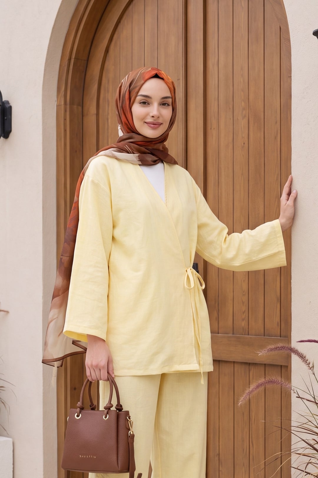 Front-Tie Kimono Set with Wide-Leg Trousers - Light Yellow - Podyumplus - by Peralane - photo 3
