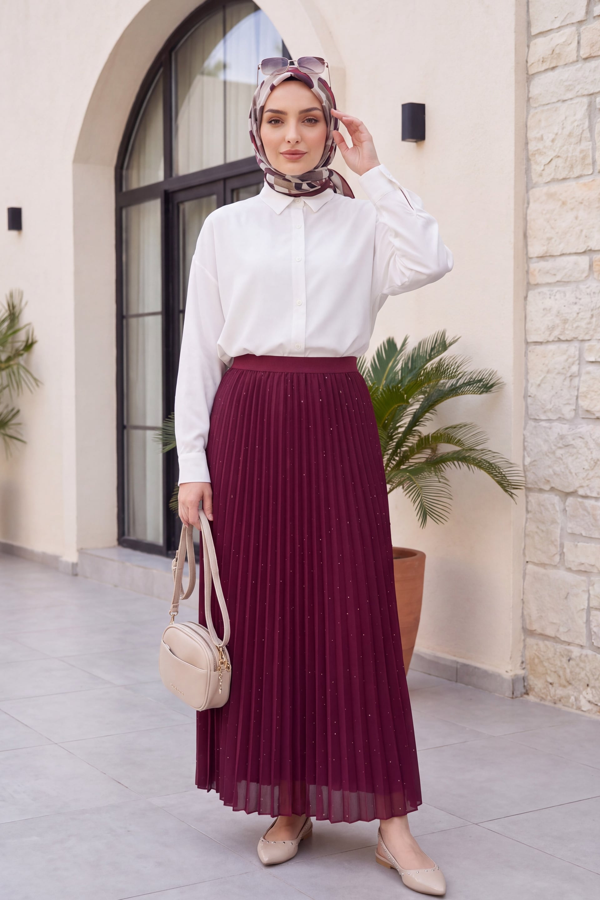 Burgundy Pleated Skirt with Embellishments - Podyumplus - by Peralane - photo 4