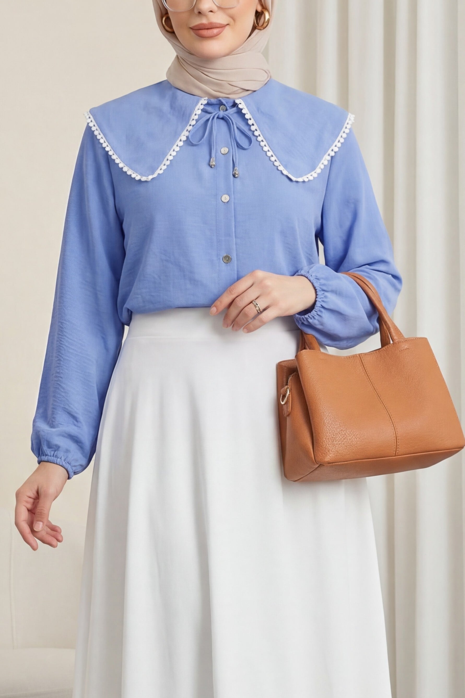 Baby Collar Lace Trim Long Sleeve Shirt - Blue - Podyumplus - by Peralane - photo 2