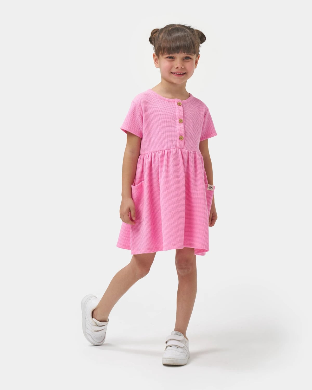 Girls' Bright Pink Waffle Knit Dress with Pockets (2-3, 5-6 Years) - Miniloox - by Peralane