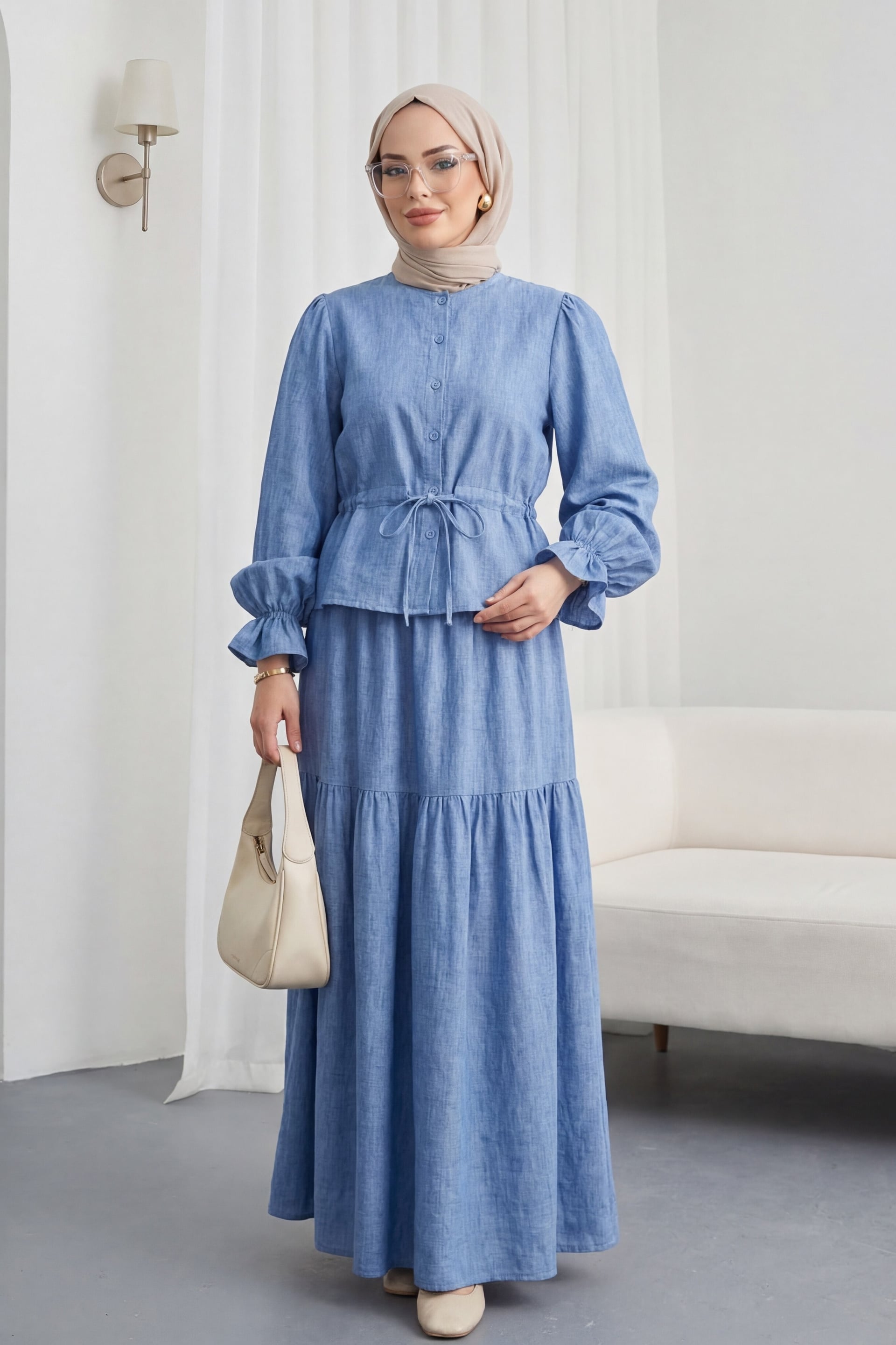 Blue Linen-Look Button-Front Drawstring Co-ord Set - Podyumplus - by Peralane - photo 4