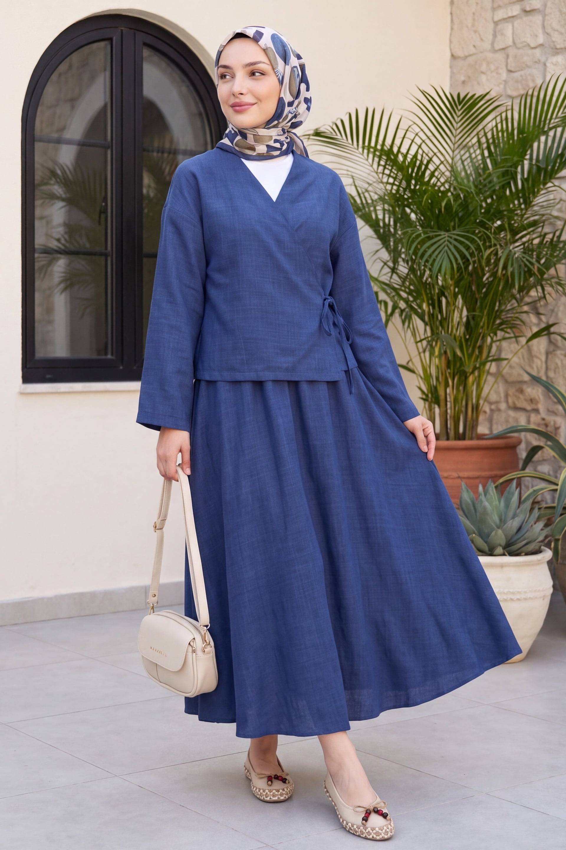 Side-Tie Skirt Set with Wrap Top - Navy - Podyumplus - by Peralane