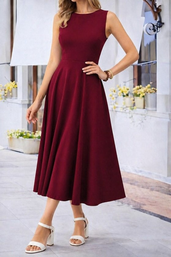 Burgundy Sleeveless Boat Neck Midi Viscose Dress - Janes - by Peralane