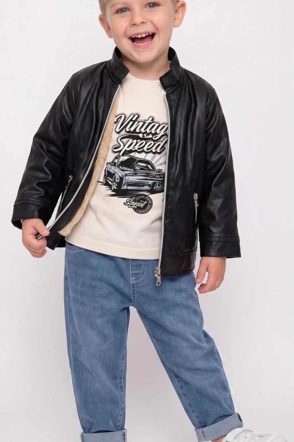 Boys' 4-Piece Set with Faux Leather Jacket and Graphic T-Shirt - Black - Has Bereket - by Peralane