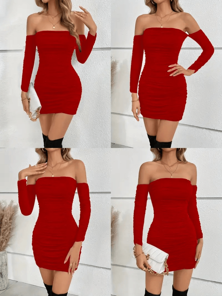 Women's Red Off-Shoulder Ruched Mini Dress with Long Sleeves - Janes - by Peralane - photo 3