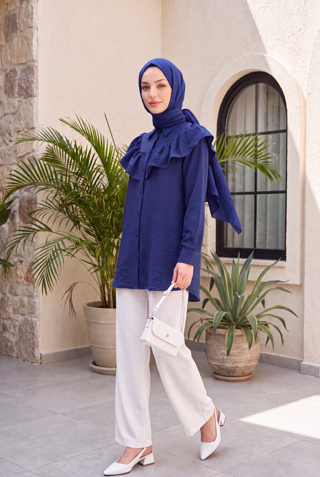 Navy Blue Rayon Tunic with Ruffled Yoke and Button Front - Podyumplus - by Peralane - photo 4
