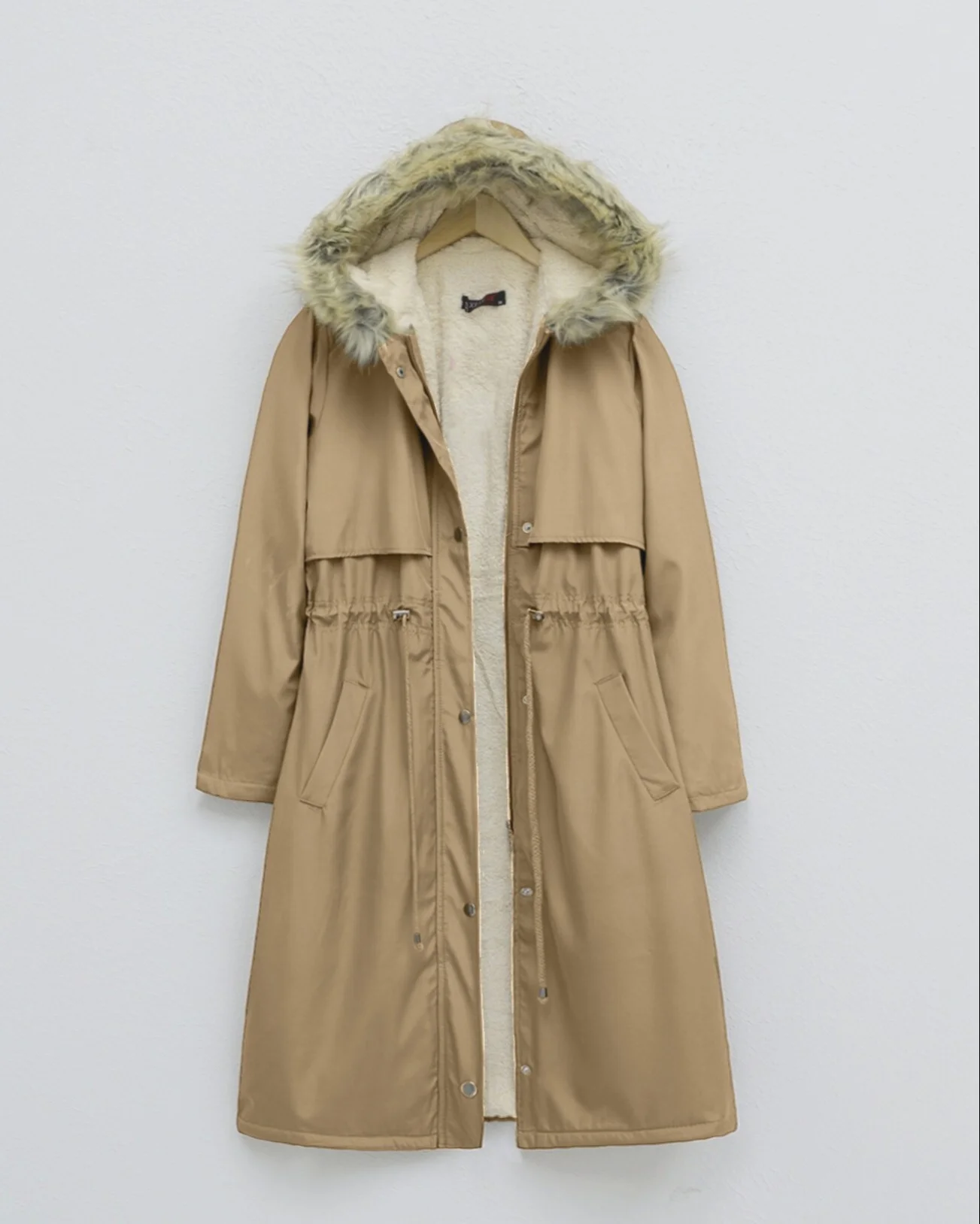 Women's Hooded Faux Fur Lined Long Coat with Drawstring Waist - Camel - Podyumplus - by Peralane - photo 6
