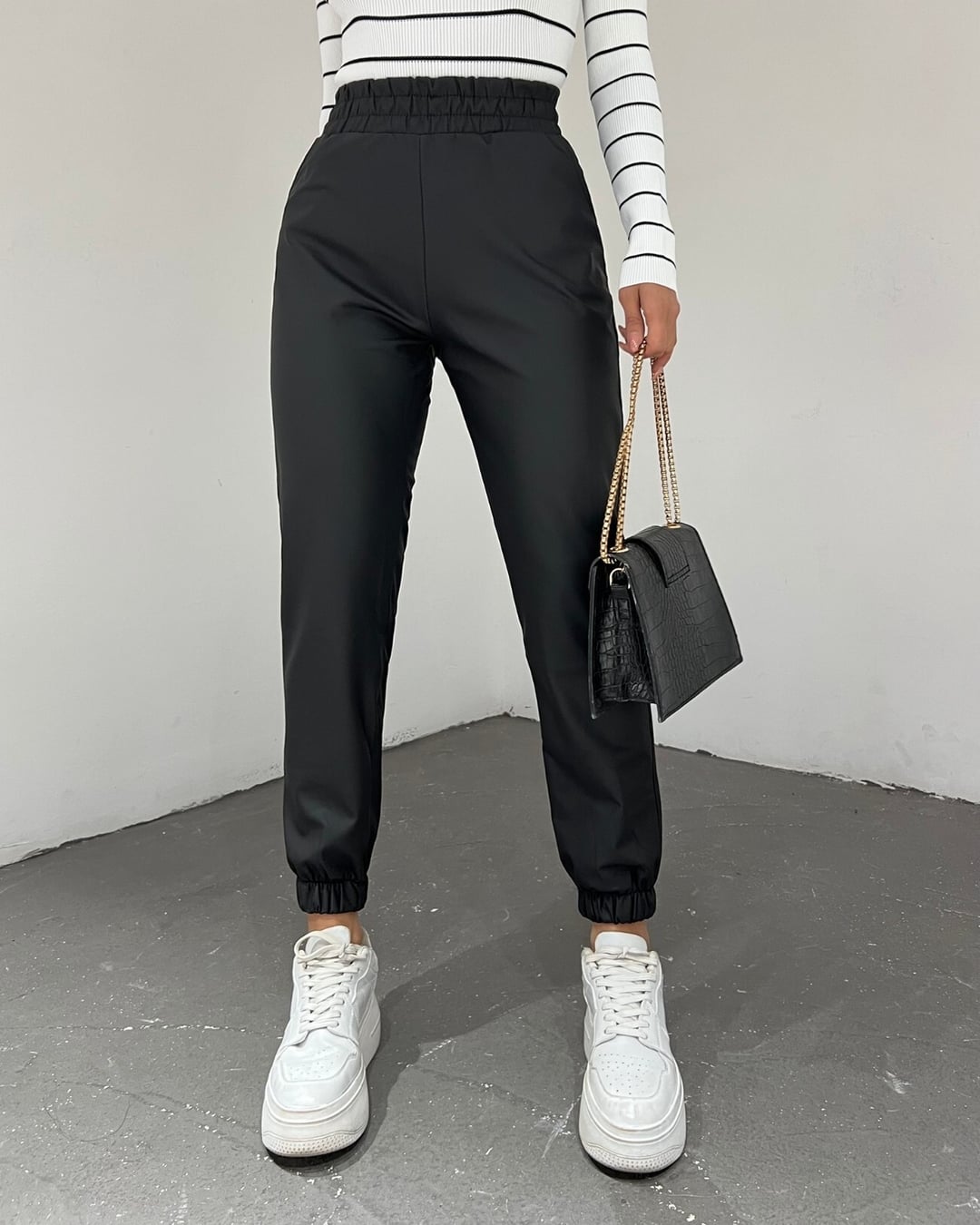 Black Elasticated Waist and Cuff Faux Leather Trousers - Podyumplus - by Peralane - photo 3