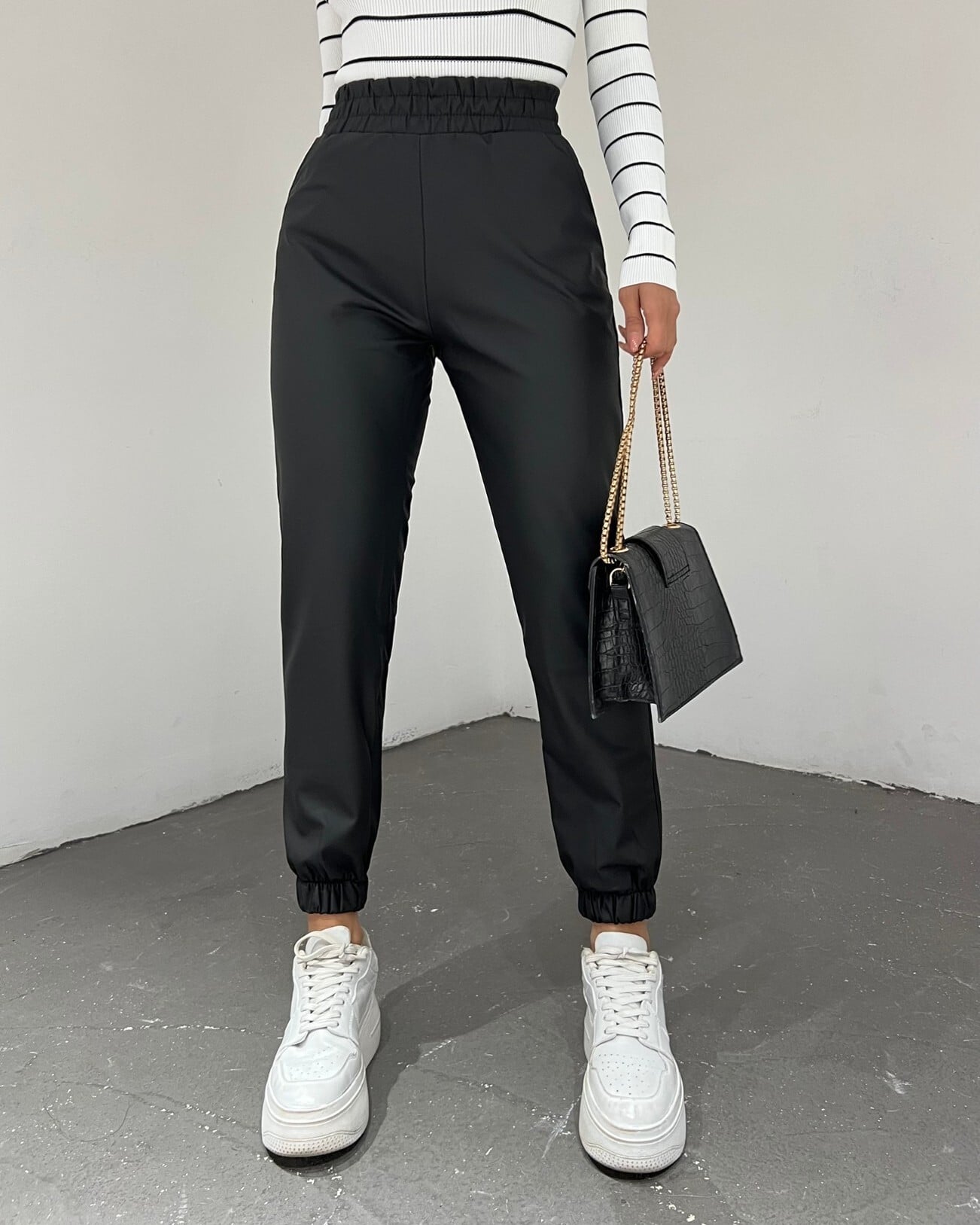 Black Elasticated Waist and Cuff Faux Leather Trousers - Podyumplus - by Peralane - photo 3