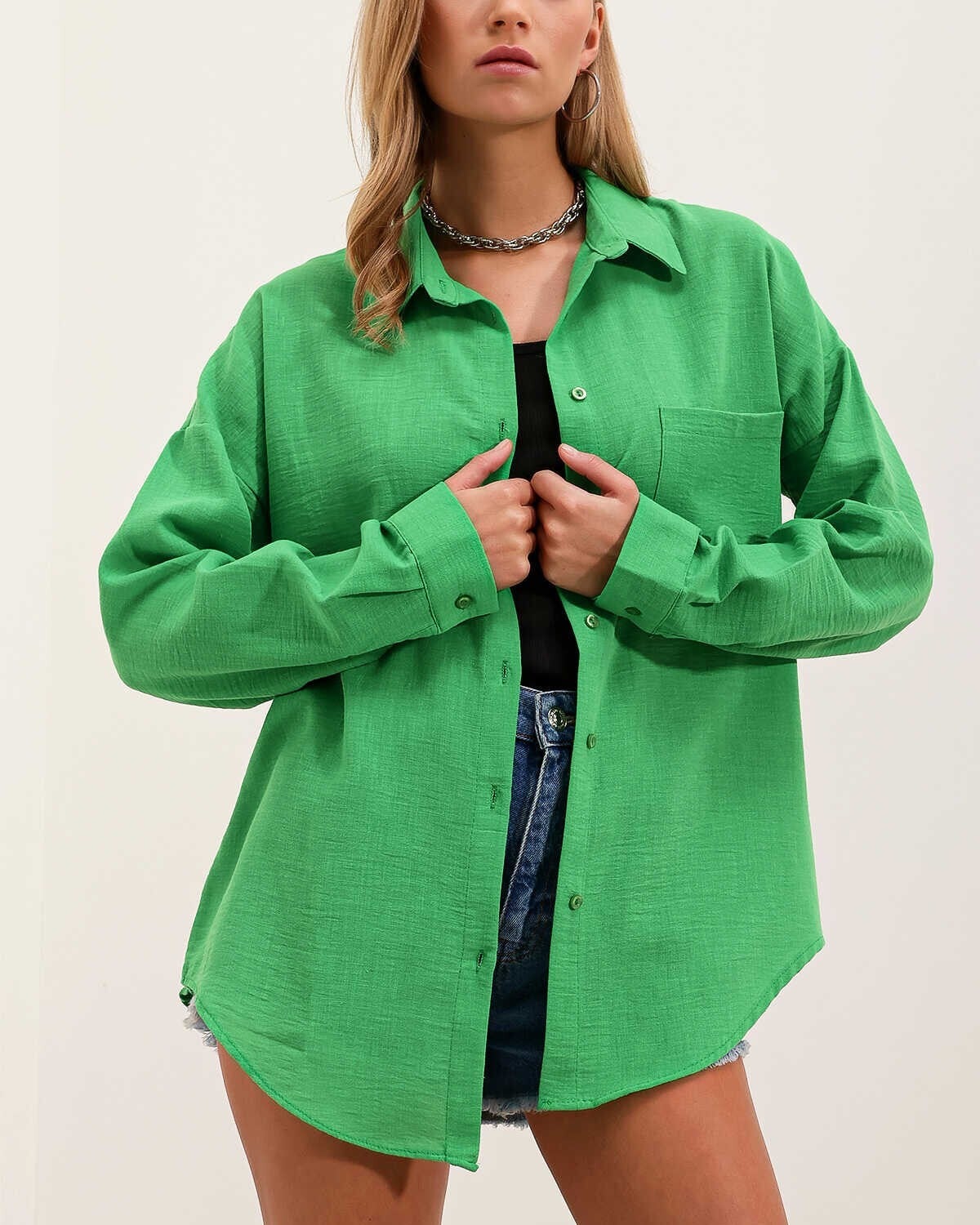 20153 Single-Pocket Oversize Linen Shirt - Green - Bigdart - by Peralane - photo 3