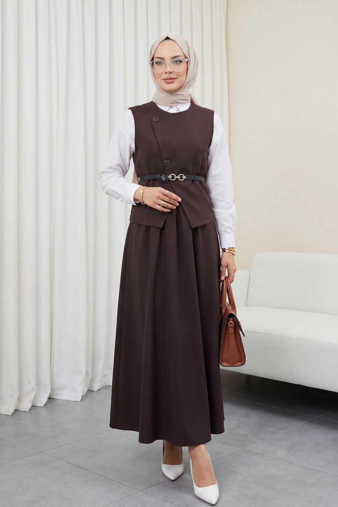 Cross Button Belted Vest and Skirt Set in Brown | Modest Two-Piece Set - Podyumplus - by Peralane