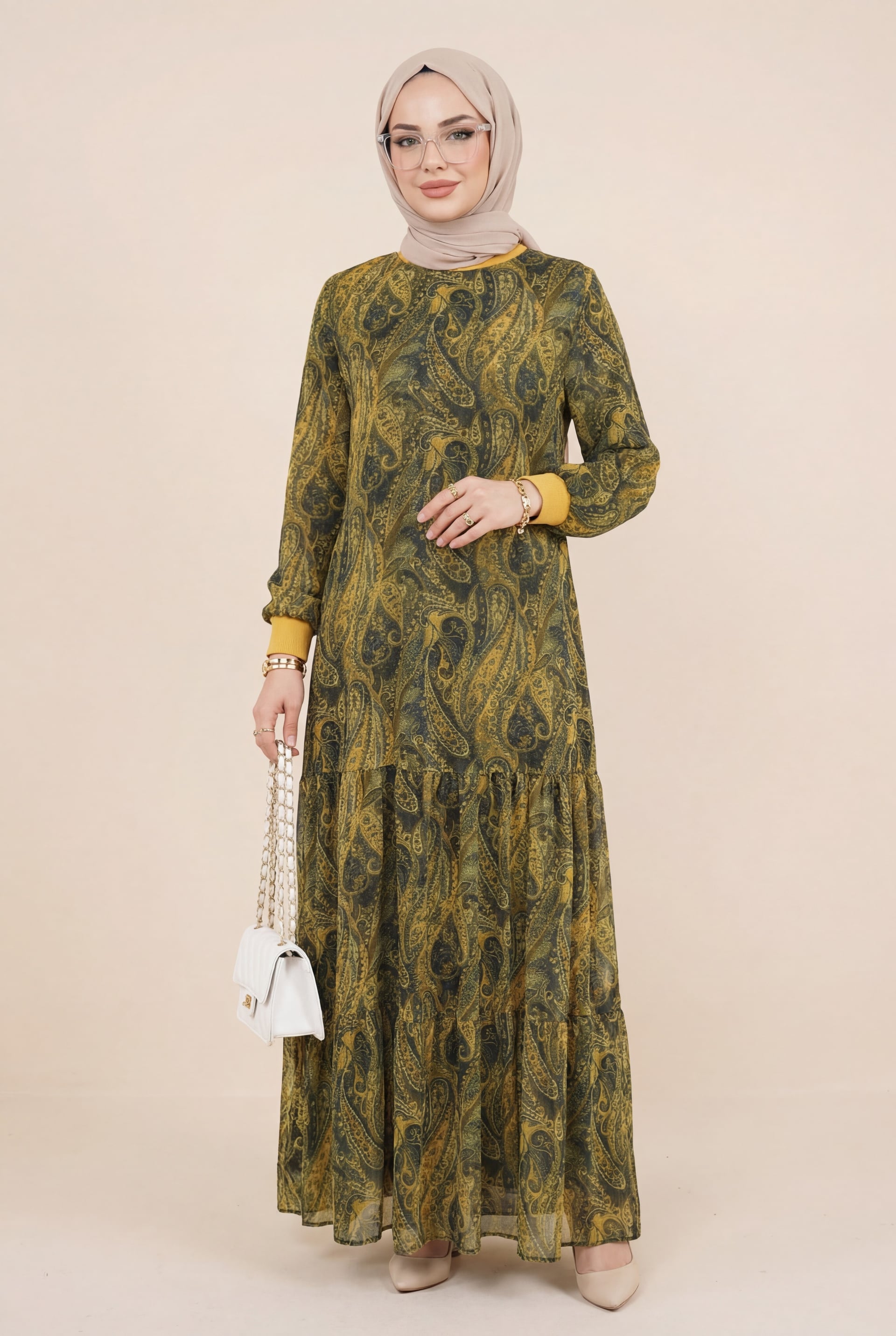 Ethnic Print Tiered Lined Chiffon Dress - Olive Green - Podyumplus - by Peralane - photo 4
