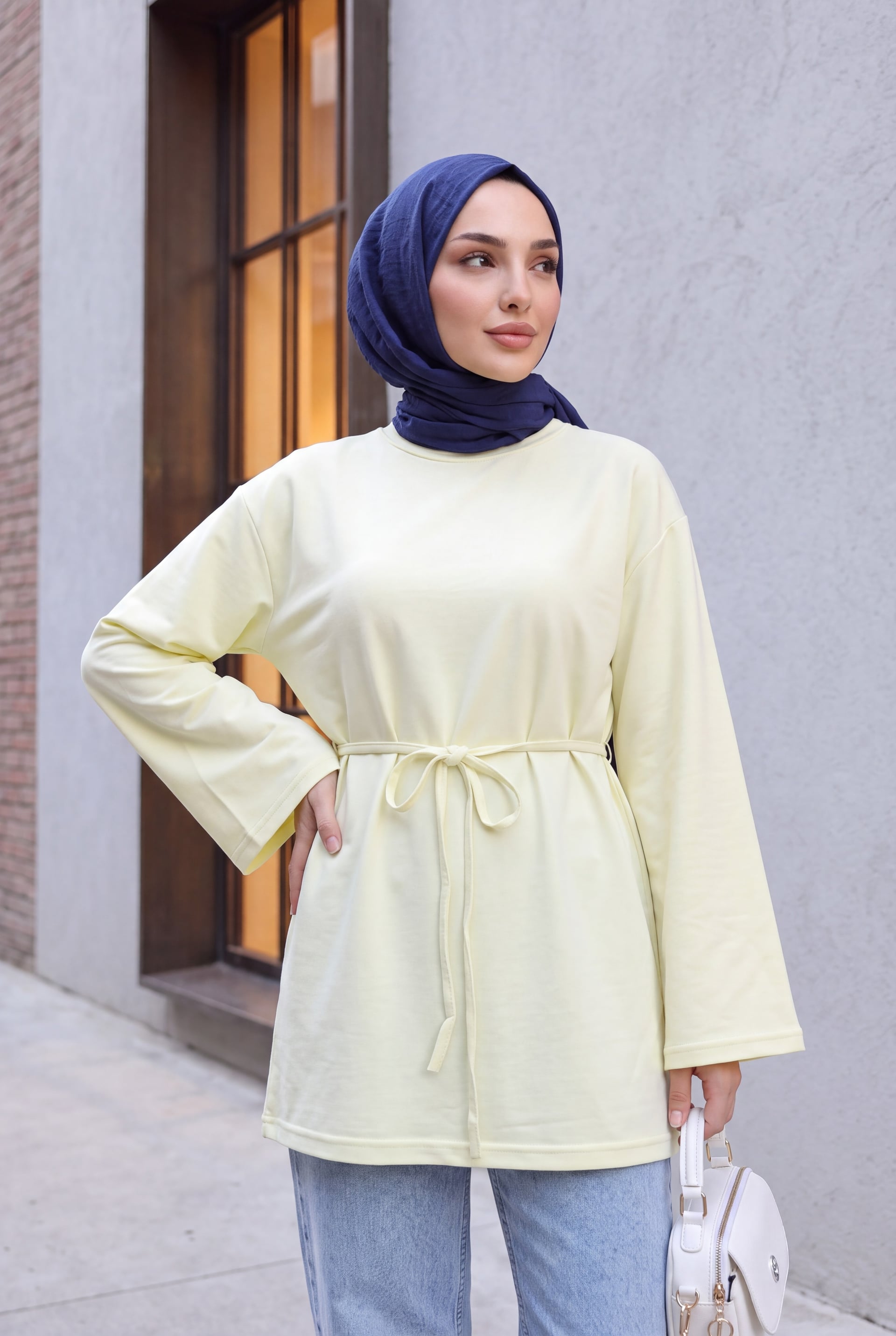 Round Neck Tie-Belt Knit Tunic - Pale Yellow - Podyumplus - by Peralane - photo 2