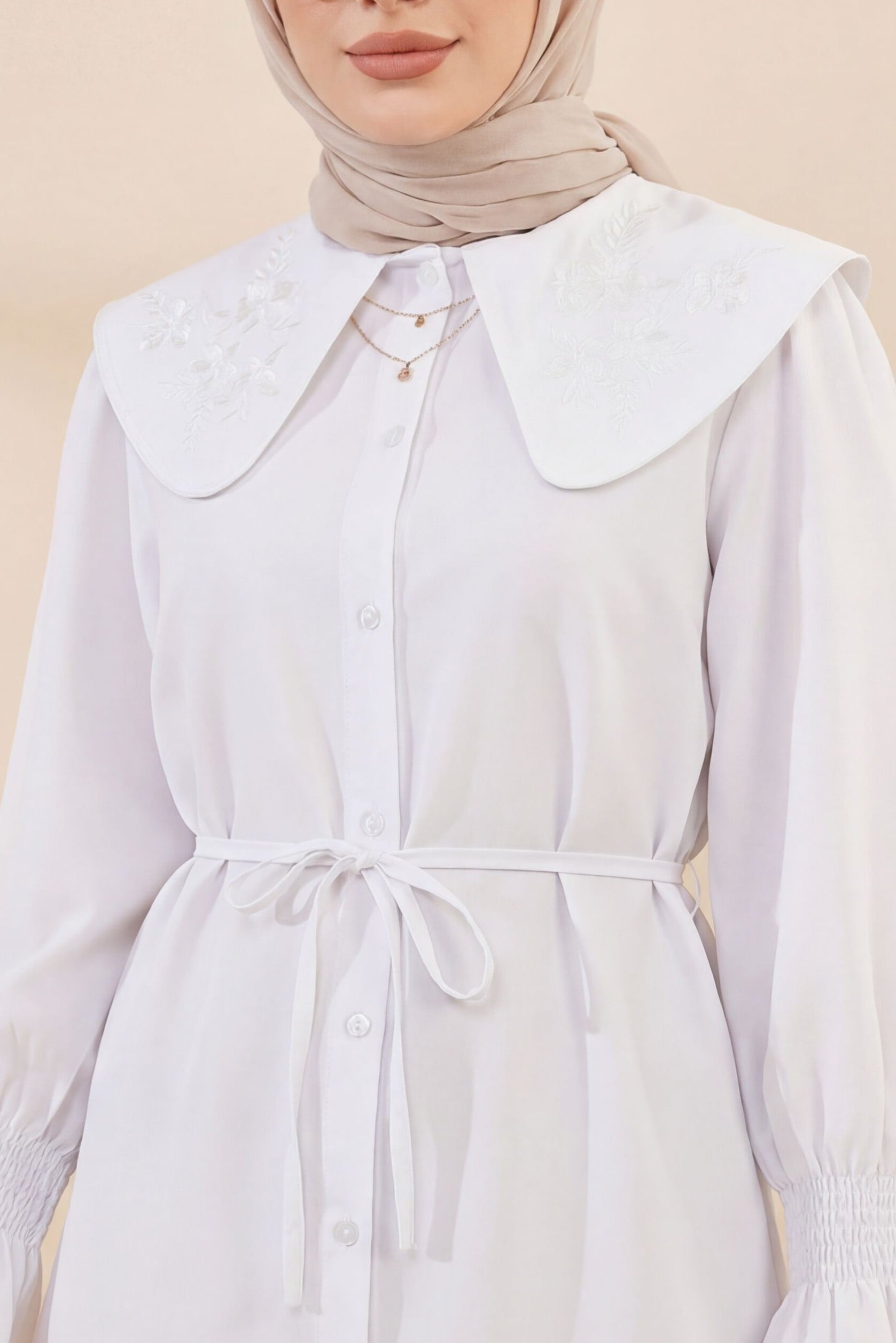 White Baby Collar Embroidered Tie-Belt Poplin Blouse - Podyumplus - by Peralane - photo 2