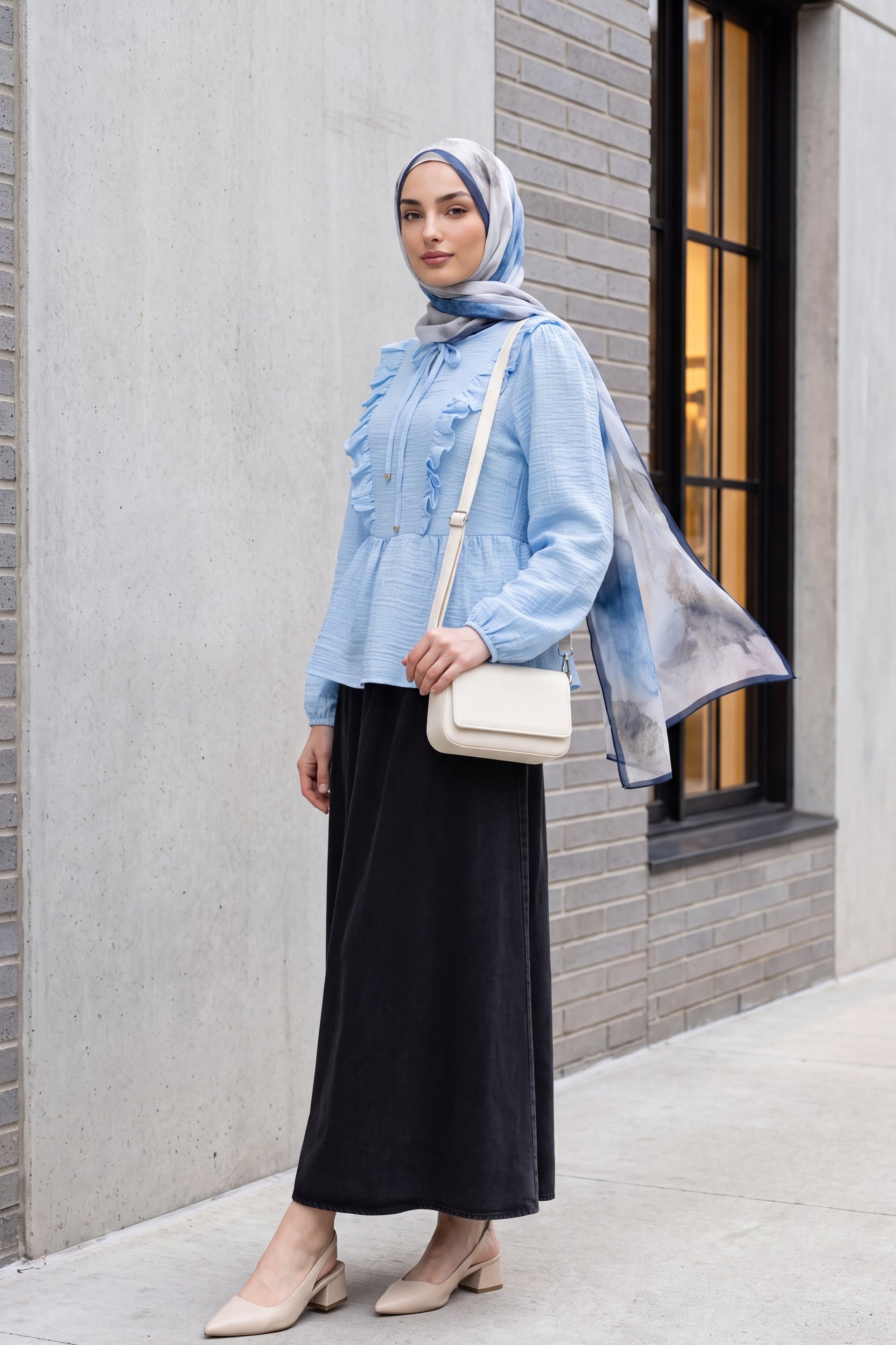 Crinkle Blouse with Tie Neck and Ruffled Front - Baby Blue - Podyumplus - by Peralane - photo 5