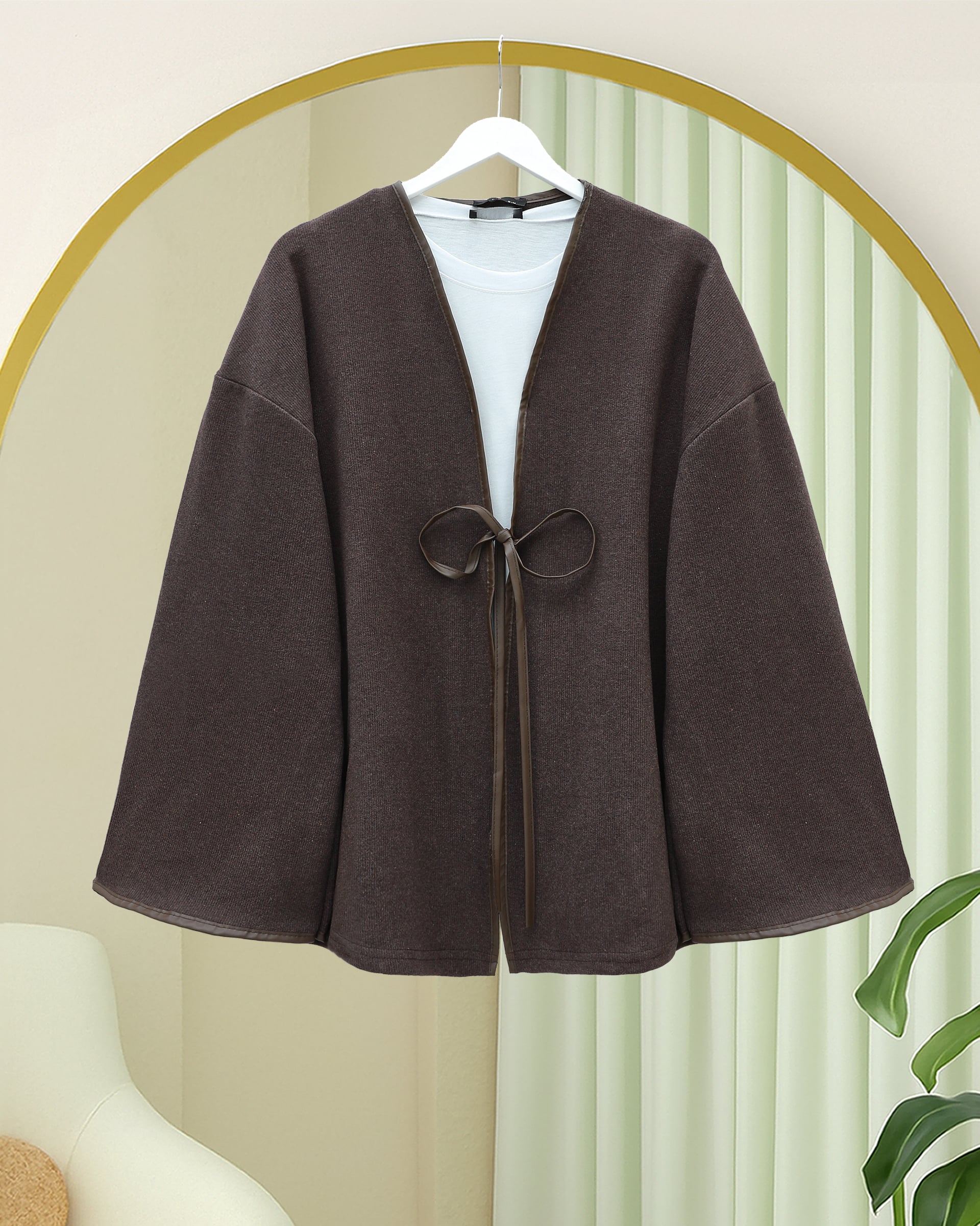 Tie-Front Leather-Trimmed Relaxed Kimono Cardigan in Earth Brown - Podyumplus - by Peralane - photo 2