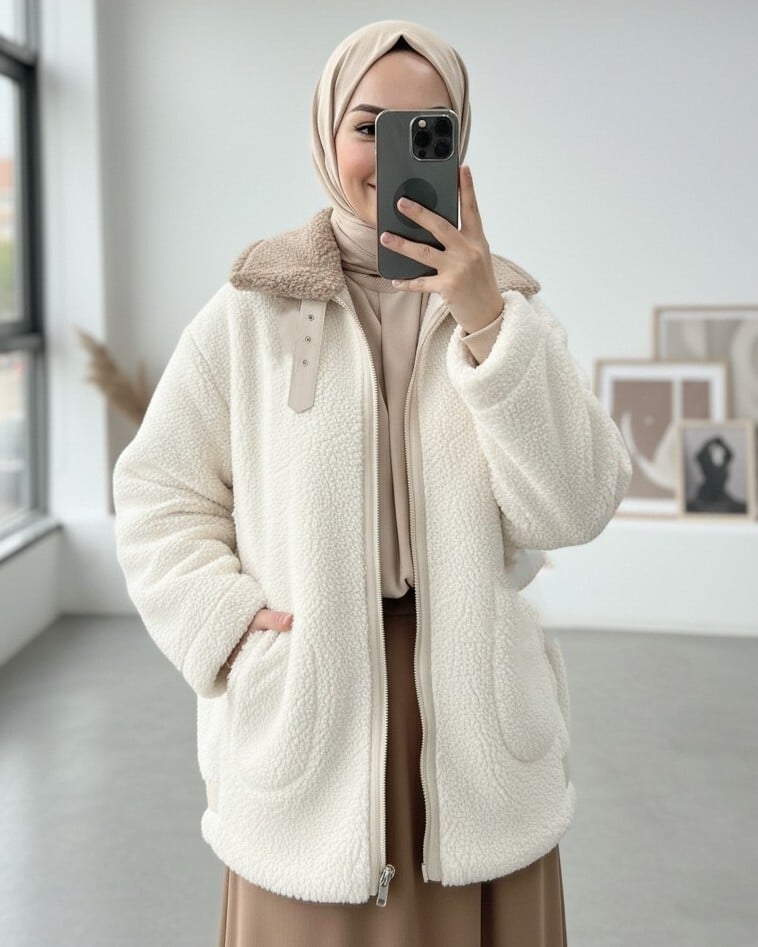 Garni Collar Fuzzy Fleece Jacket with Inner Lining and Pockets - Beige - Podyumplus - by Peralane - photo 2