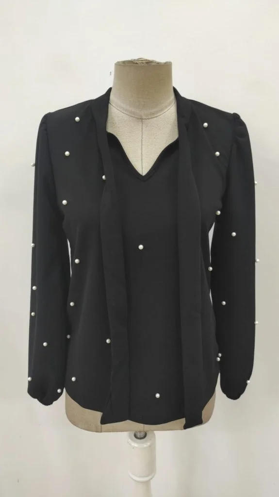 Women's Long-Sleeve Crepe Blouse with Bow and Pearl Beads - Janes - by Peralane - photo 7