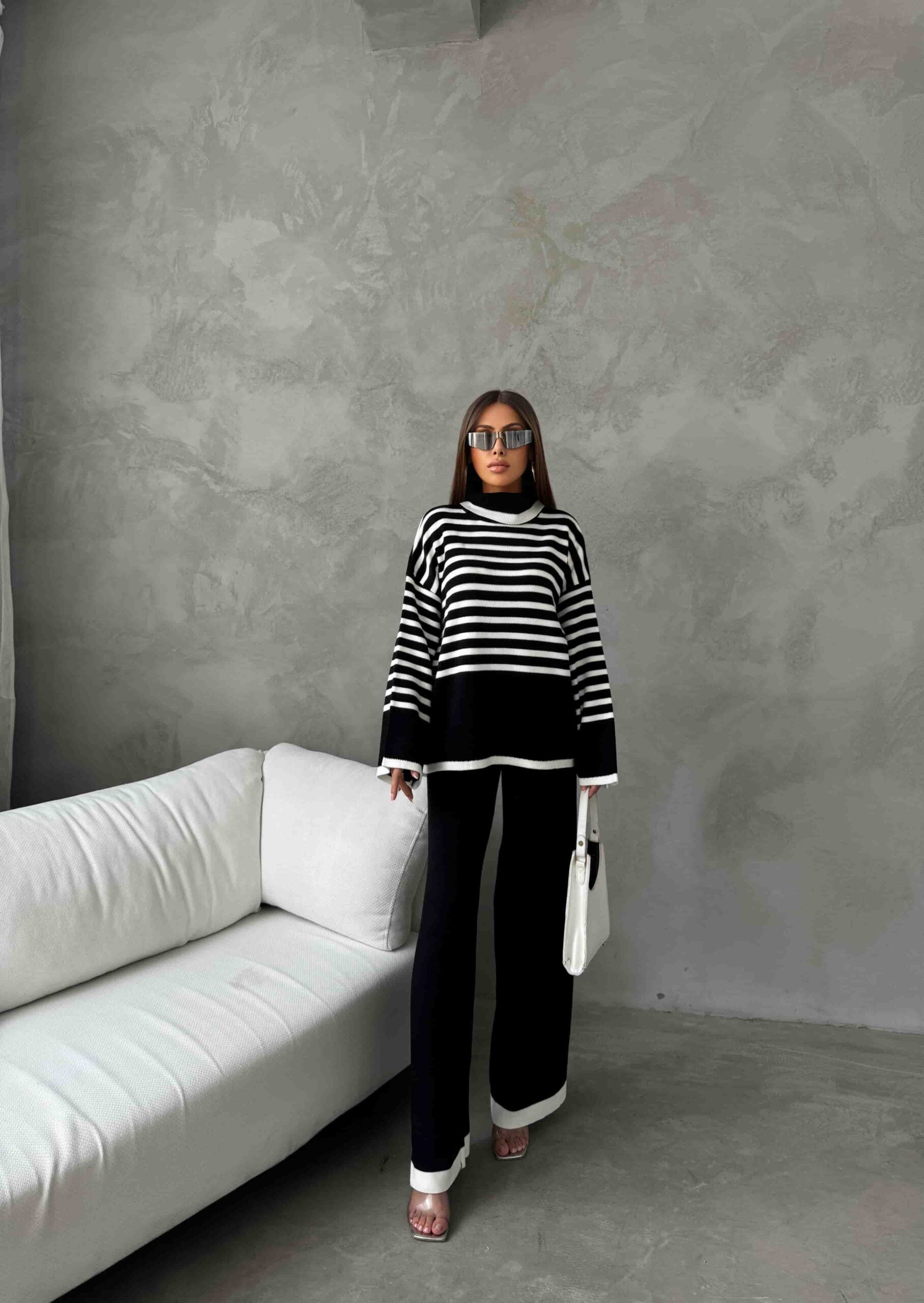 Black and White Striped Knit Sweater and Trousers Lounge Set - My Bee - by Peralane - photo 3