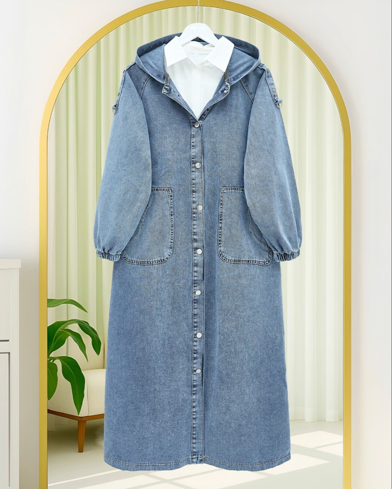 Button-Front Hooded Denim Jacket with Epaulettes and Pockets - Ice Blue - Podyumplus - by Peralane - photo 3