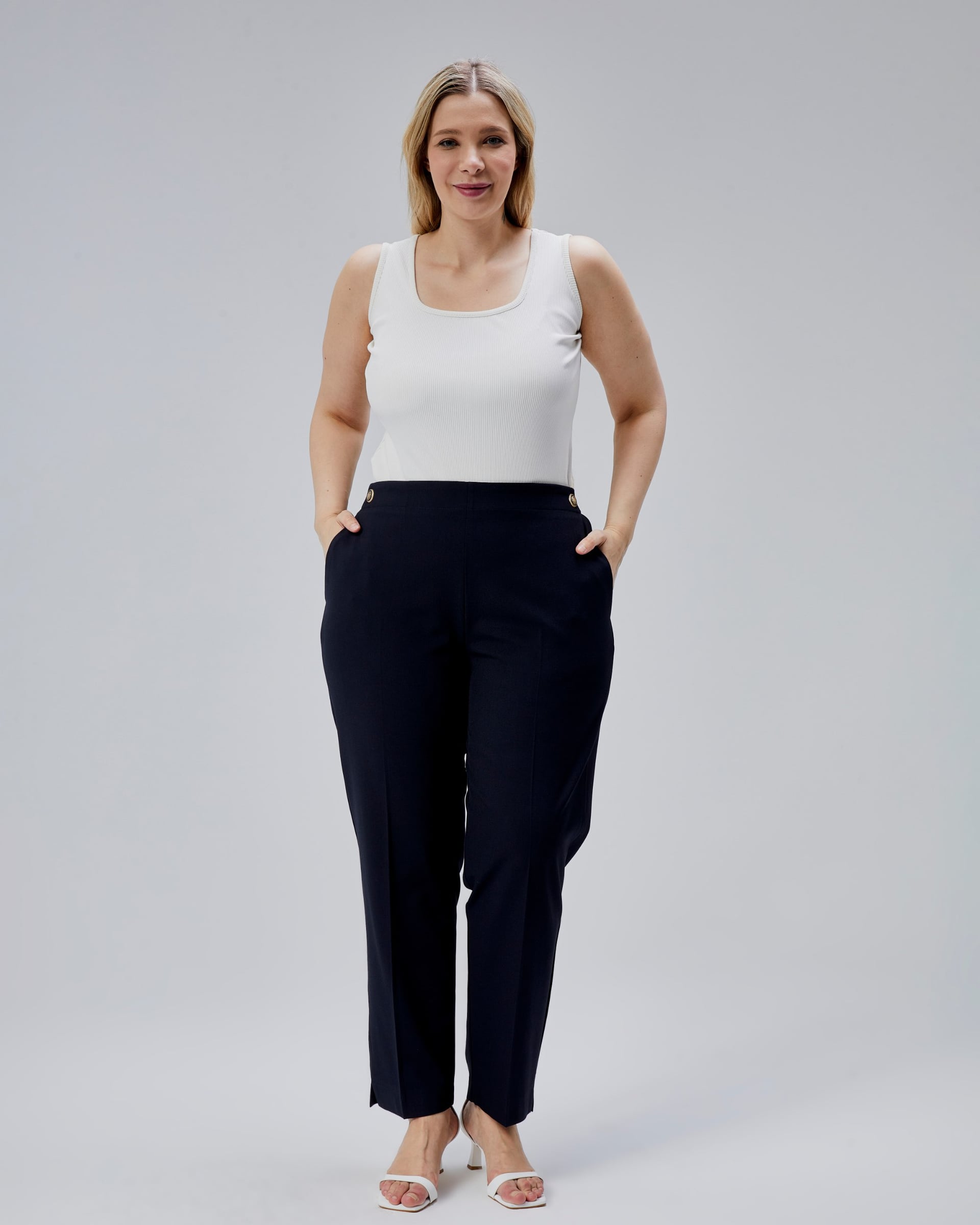 Navy Straight-Leg Trousers with Decorative Buttons and Back Elastic Waistband - Ouz Fashion - by Peralane