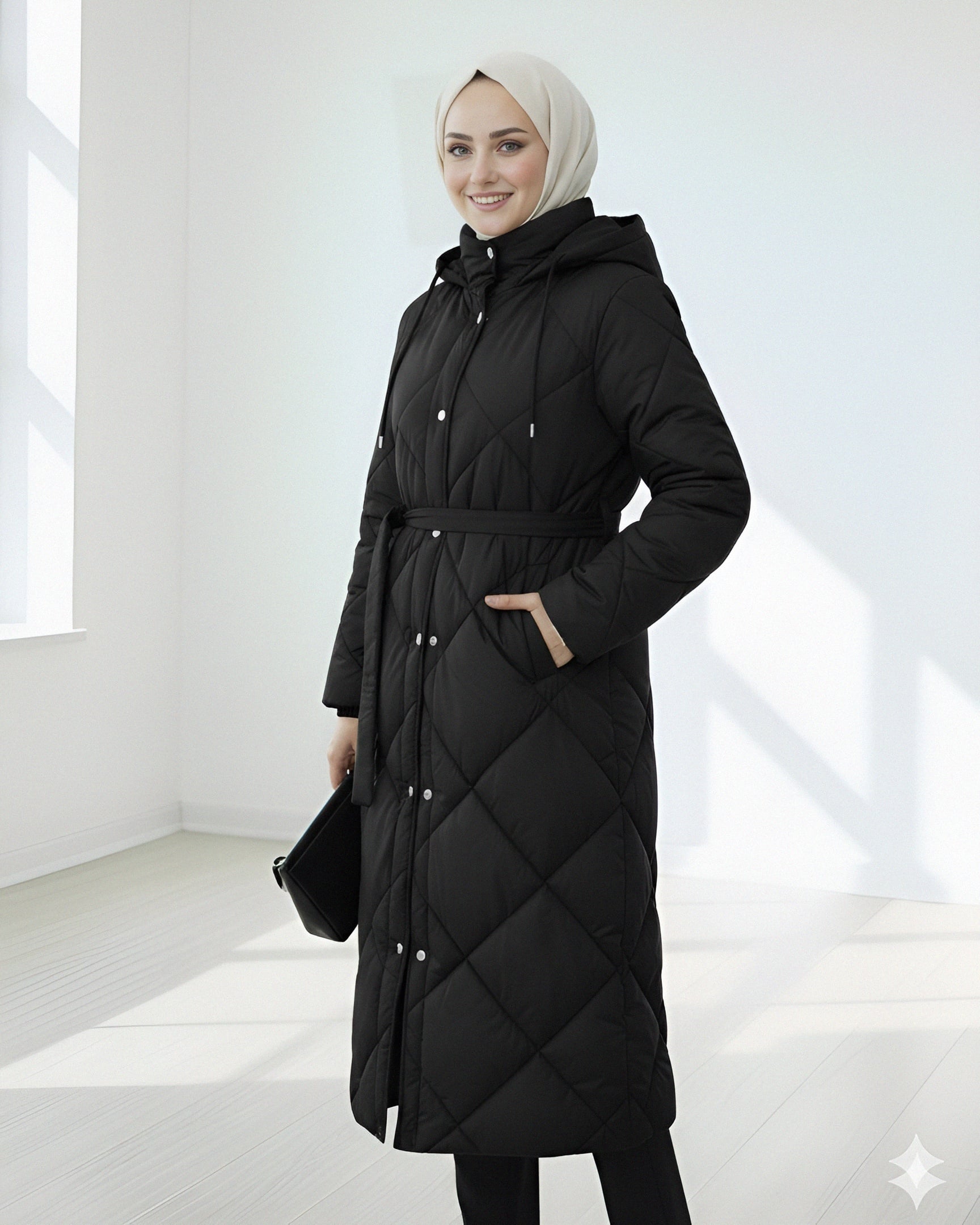Long Quilted Coat with Belt, Hood and Snap Buttons - Black - Podyumplus - by Peralane - photo 3