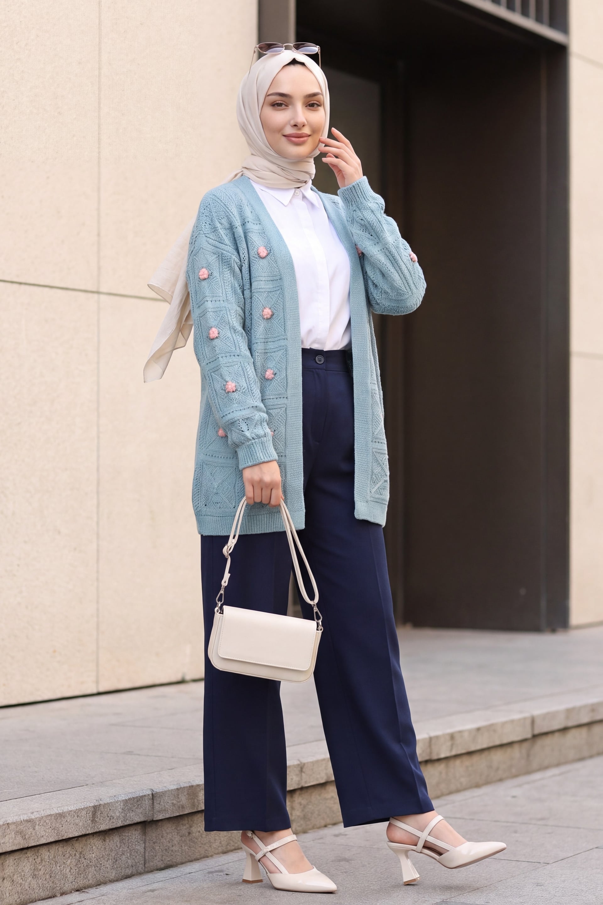 Mint Green Textured Knit Cardigan with Floral Embroidery - Podyumplus - by Peralane - photo 2