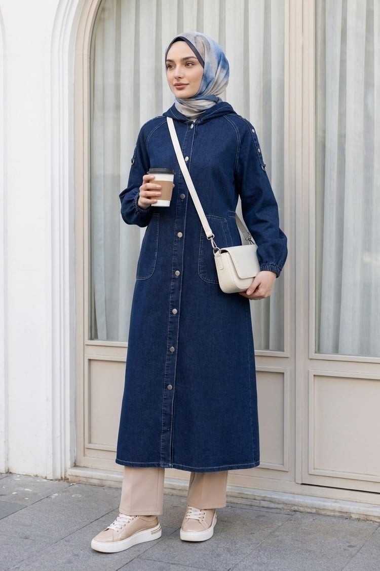 Hooded Button-Front Denim Coat with Epaulettes and Pockets - Navy - Podyumplus - by Peralane - photo 5