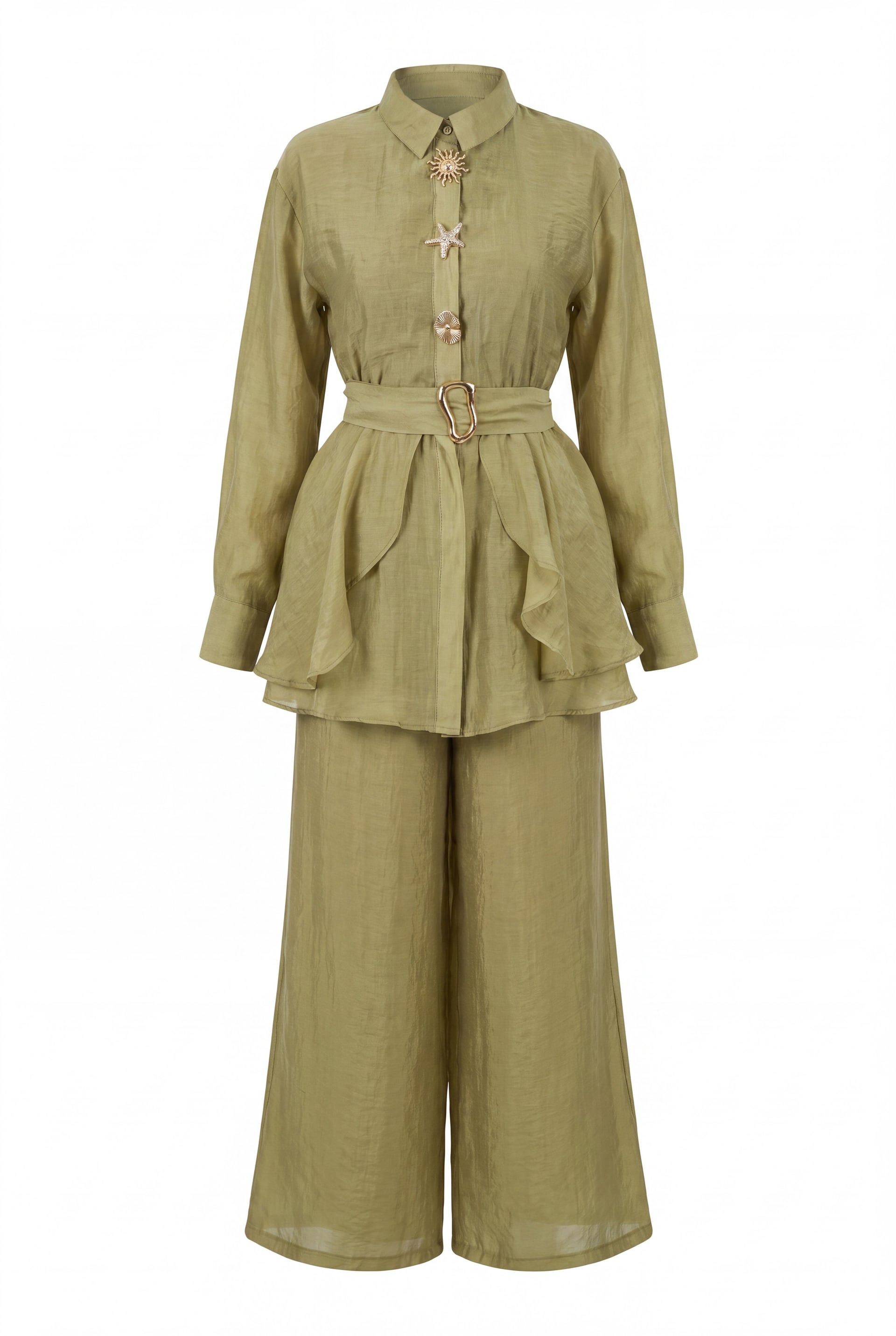 Olive Green Lined Two-Piece Set with Belted Blouse and Wide-Leg Trousers - Podyumplus - by Peralane - photo 5