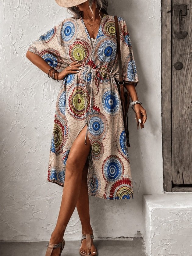 Women's Short-Sleeve Open-Front Tie-Waist Long Kimono with Geometric Print - Janes - by Peralane - photo 3