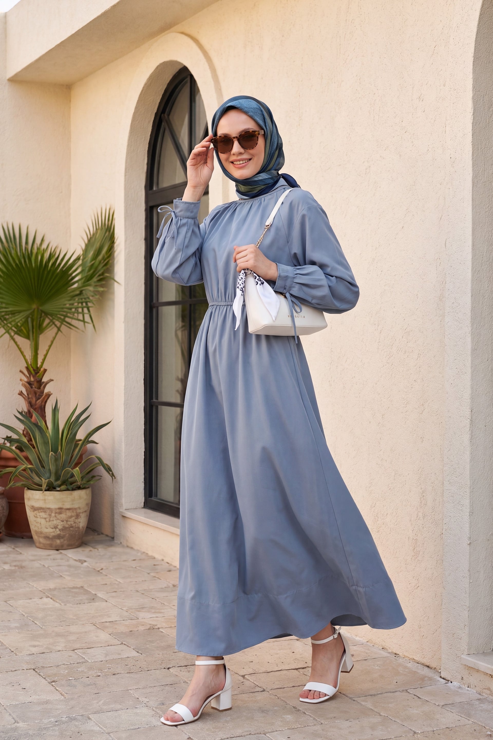 Tie Detail Elasticated Waist Poplin Dress - Blue - Podyumplus - by Peralane - photo 6
