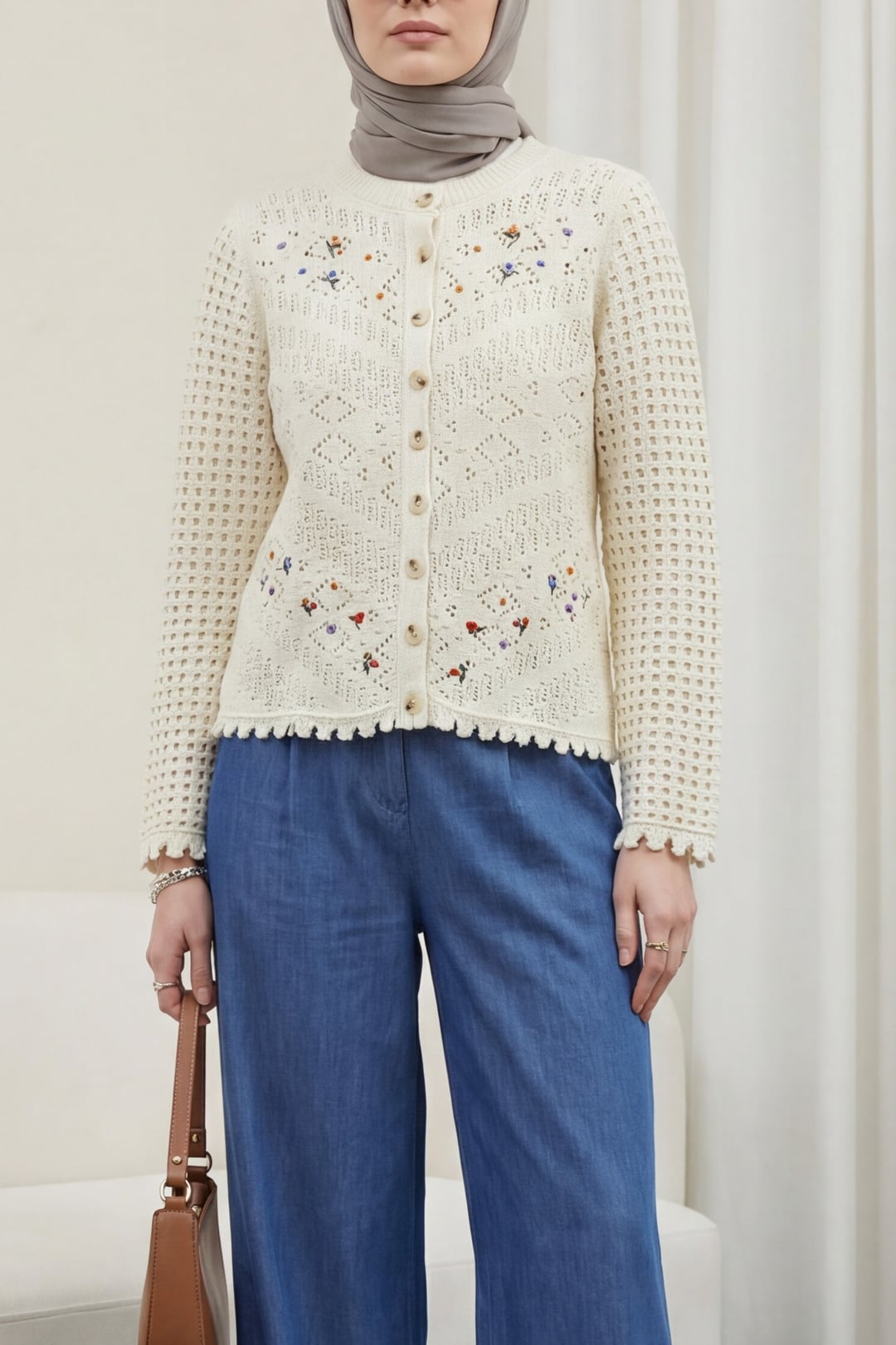 Cream Floral Embroidered Open-Weave Knit Cardigan for Women - Podyumplus - by Peralane