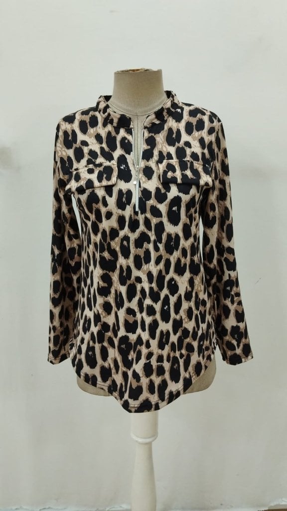 Women's Long Sleeve Leopard Print Quarter-Zip Blouse - Janes - by Peralane - photo 5
