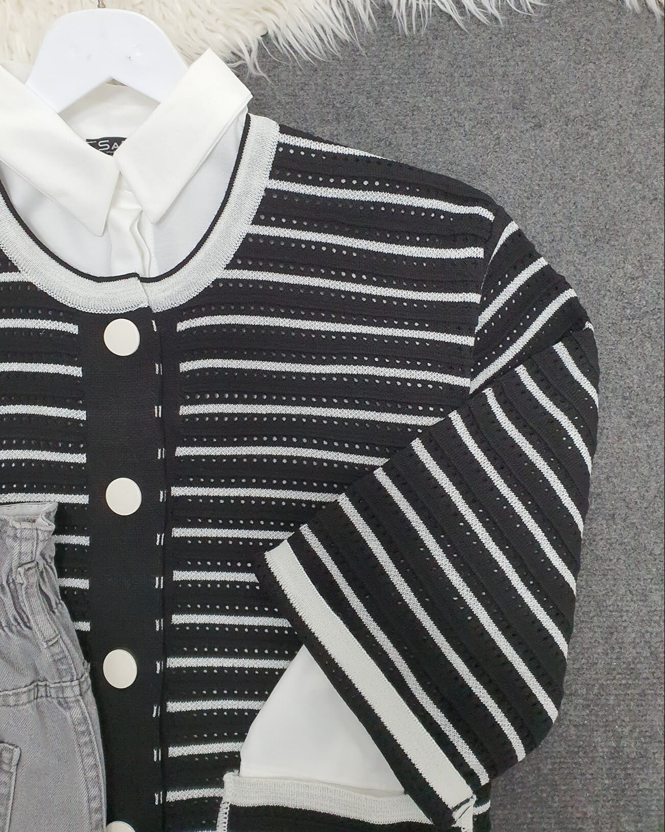 Black and White Striped Cardigan with White Collar and Buttons for Women - Podyumplus - by Peralane - photo 3
