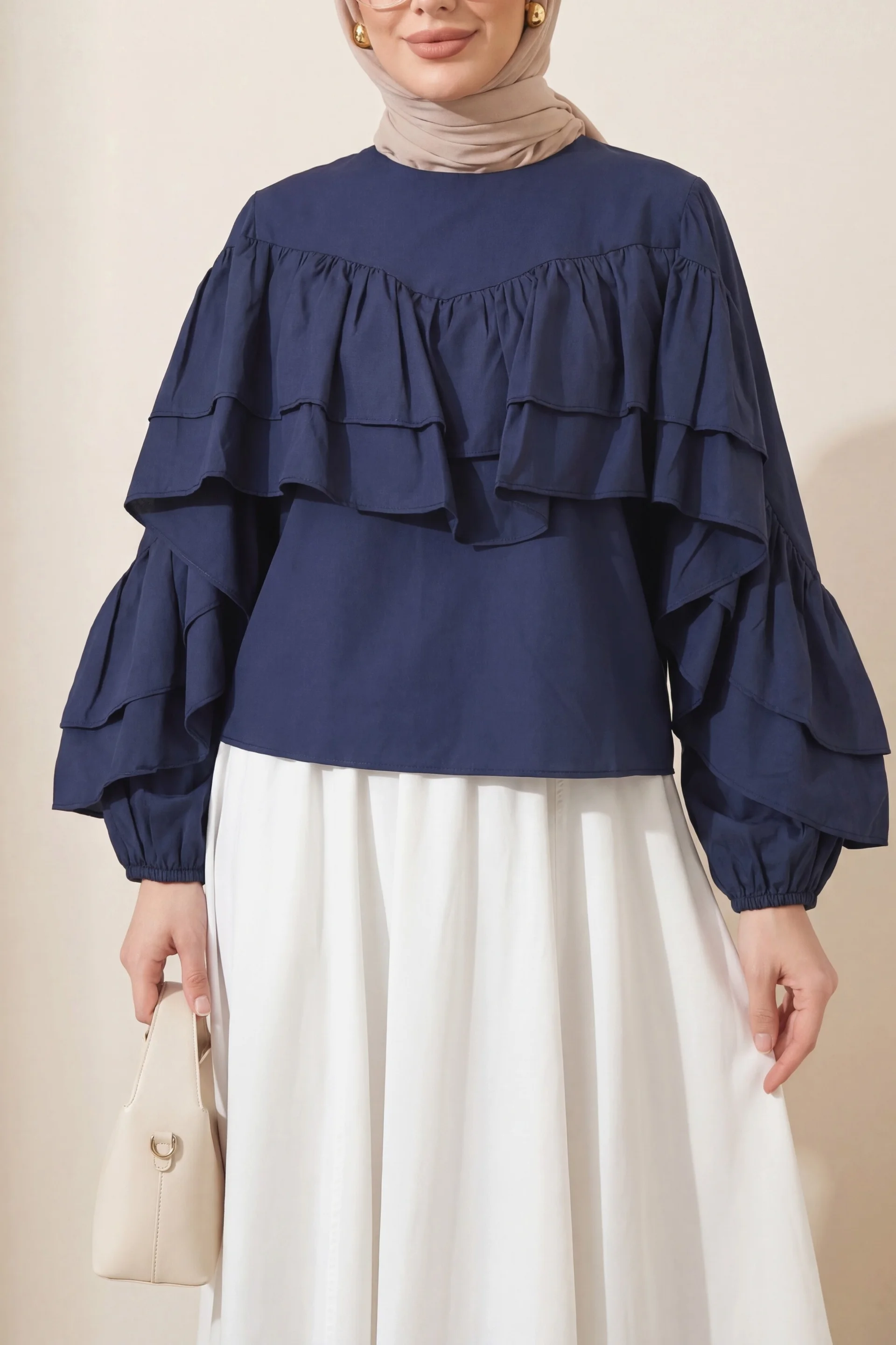 Navy Blue Flounce Sleeve Blouse with Elasticated Cuffs - Podyumplus - by Peralane - photo 2
