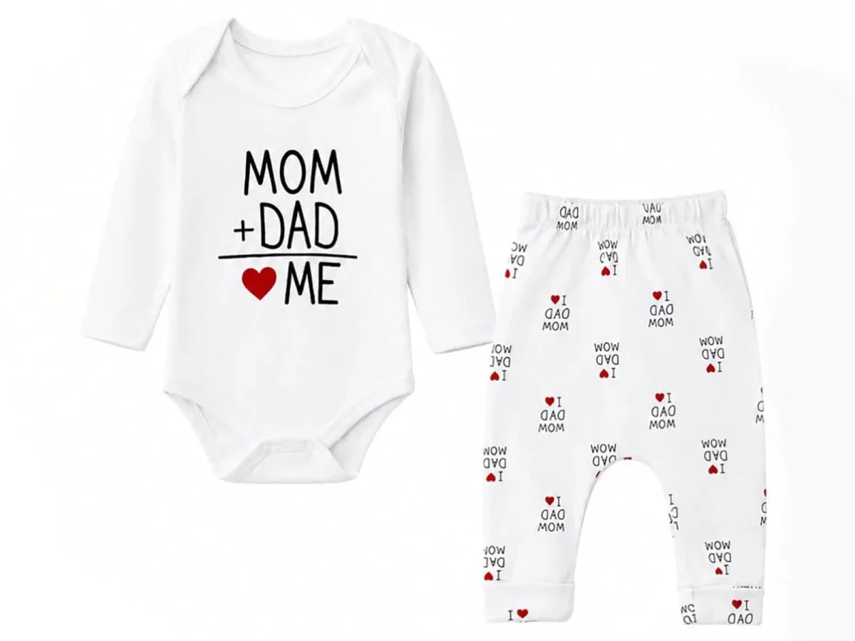 Mom & Dad Print Baby Boy Set (Bodysuit and Trousers) - White - Supermini - by Peralane