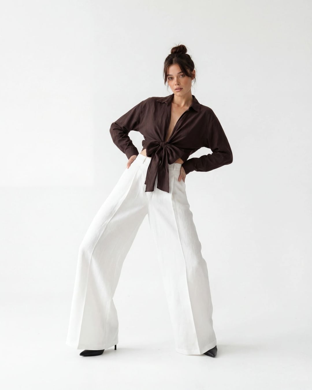 Women's Dark Brown Linen Collared Shirt with Bow Tie Front - Fame - by Peralane