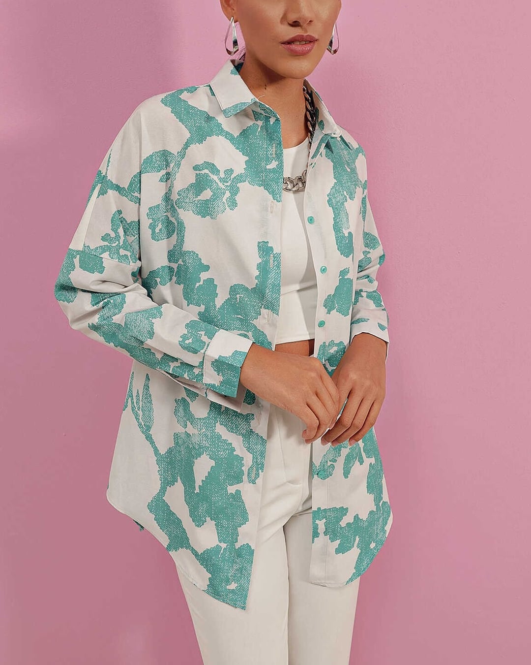 Oversize Long Basic Shirt with Abstract Floral Print - Mint - Bigdart - by Peralane - photo 3