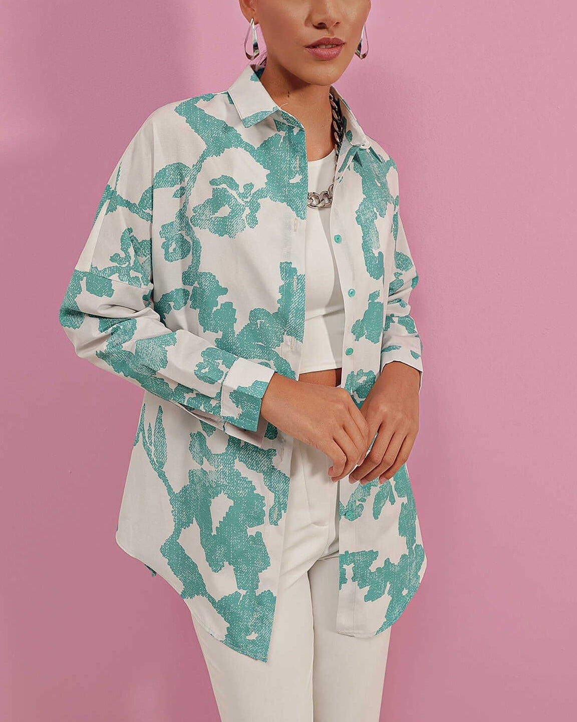 Oversize Long Basic Shirt with Abstract Floral Print - Mint - Bigdart - by Peralane - photo 3